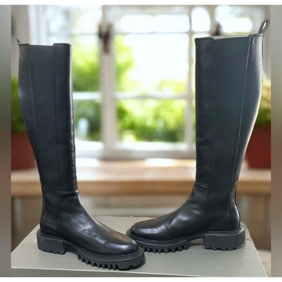 AllSaints Maeve Black Leather Knee High Boots Lug Sole Stretch Panel US 11 EU 41 - Picture 13 of 16